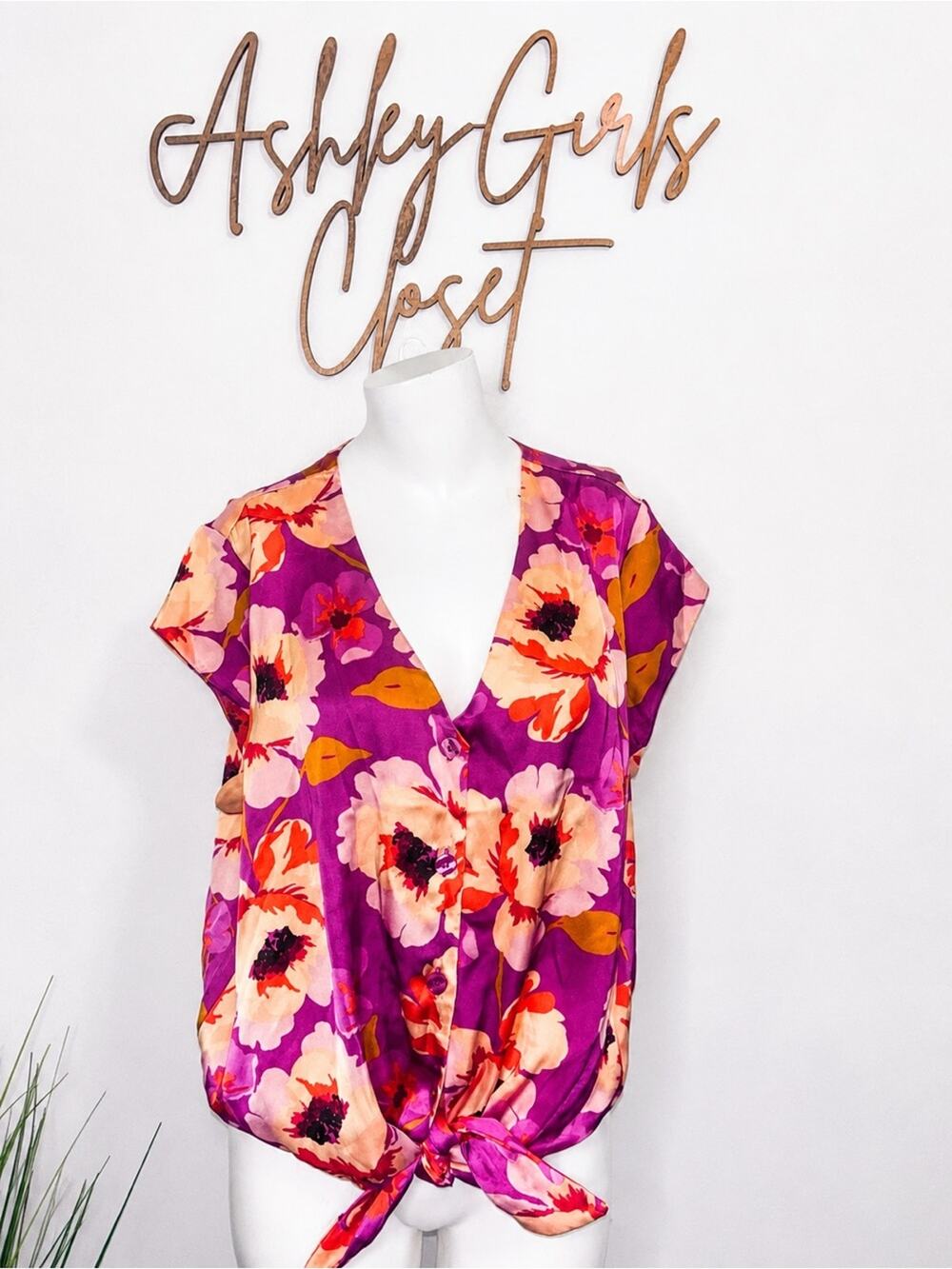 DR2 Floral Tie Front Blouse Purple Pink V-Neck Short Sleeve Large